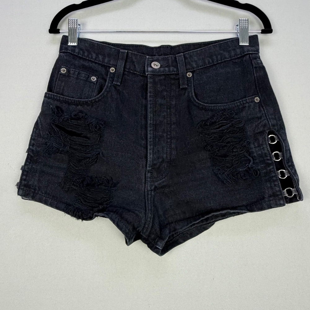 Carmar Distressed Black Denim Shorts Grunge Punk Biker Button Fly 100% Cotton 27